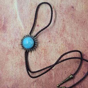 Western Bolo Tie - Genuine Leather and Natural Turquoise Stone with Golden Tips