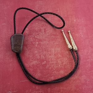 Western Bolo Tie - Genuine Leather and Natural Lace Jasper Stone with Golden Tips