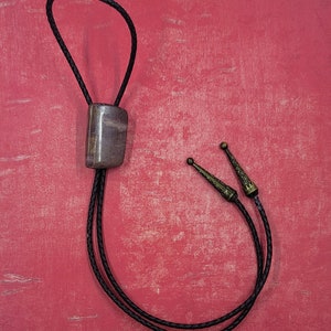 Western Bolo Tie - Genuine Leather and Natural Lace Jasper Stone with Golden Tips