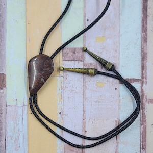 Western Bolo Tie - Genuine Leather and Natural Sourced Stone with Golden Tips