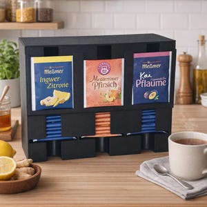 Può includere: Un organizer per bustine di tè nero con tre scomparti, ognuno contenente diversi gusti di tè. Le bustine di tè sono etichettate in tedesco con gusti come zenzero-limone, pesca e prugna. Una tazza di tè e un cucchiaio sono appoggiati su una superficie vicina.