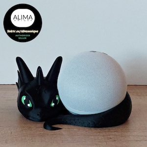 Galactical Starlight Dragon  schwarz – Echo Dot 5 Halter 3D-Druck (17 x 18 x 8 cm) - Geschenk - grüne Augen handbemalt