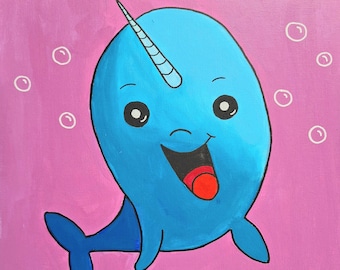 Blue Narwhal Painting, Original painting in naive art style.