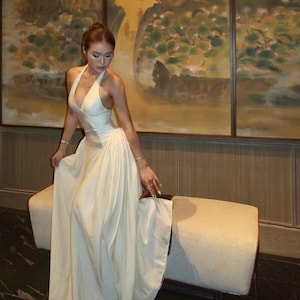 Ivory Halter Neck Maxi Dress, Elegant Bridal Gown, Backless Evening Dress, Wedding Reception Dress, Minimal Luxury Gown image 2