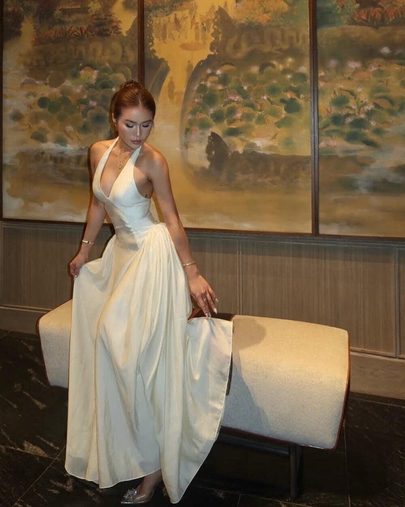Ivory Halter Neck Maxi Dress, Elegant Bridal Gown, Backless Evening Dress, Wedding Reception Dress, Minimal Luxury Gown image 2