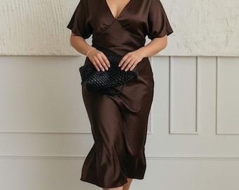 Elegante vestido de seda con mangas sueltas, vestido de noche de talla grande para ocasiones especiales, vestido de boda de seda estilo Regencia.