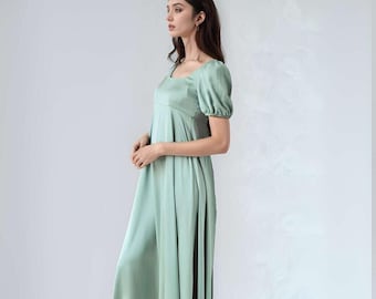 Bridgerton Inspired Regency Silk Gown, Vintage Full Length Prom Dress, Elegant Empire Waist Formal Outfit