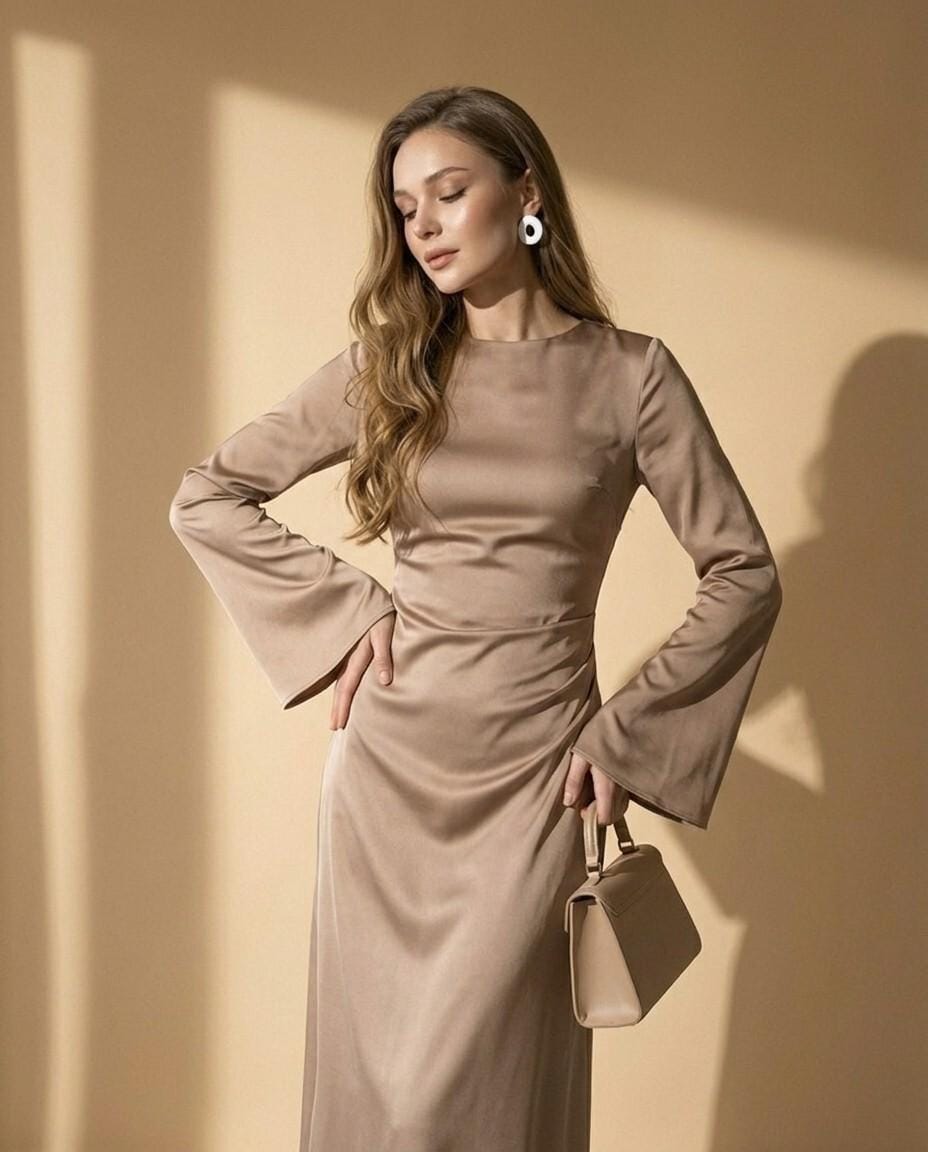knee length dresses for ladies Viola Brown Long Sleeve Mini Dress - US 10 main image 0