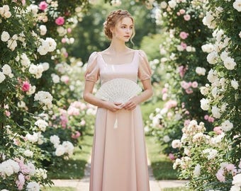 ブラッシュピンクのウィスパーパフスリーブドレス、ドリーミーなエンパイアウエストサテンガウン、ウェディングゲスドレス、リージェンシーシルクドレス