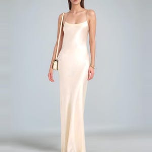 Ivory or White Silk Satin Dress – Bias Cut Maxi Slip with Semi-Sheer Look – Minimalist Long Summer Gown for Elegant Occasions