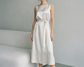 Ivory Satin Midi Dress, Sleeveless Boat Neck Dress with Tie Waist, Bridal Shower Rehearsal Dinner Outfit