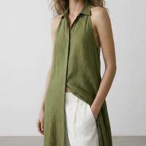 Linen Long Dress, Sleeveless Shirt Collar Maxi with Front Placket, Elegant Travel Brunch Holiday Outfit