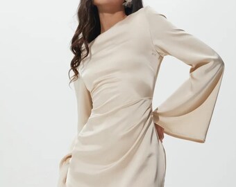 Beige Silk Satin Bell Sleeve Dress Elegant Formal Evening Party Dress for Women