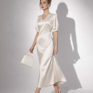 reception dress midi Leely Women Sparkly Ivory Beaded Floral Midi Engagement Dress with Slit Sheath Square Neck Wedding Reception Dress
