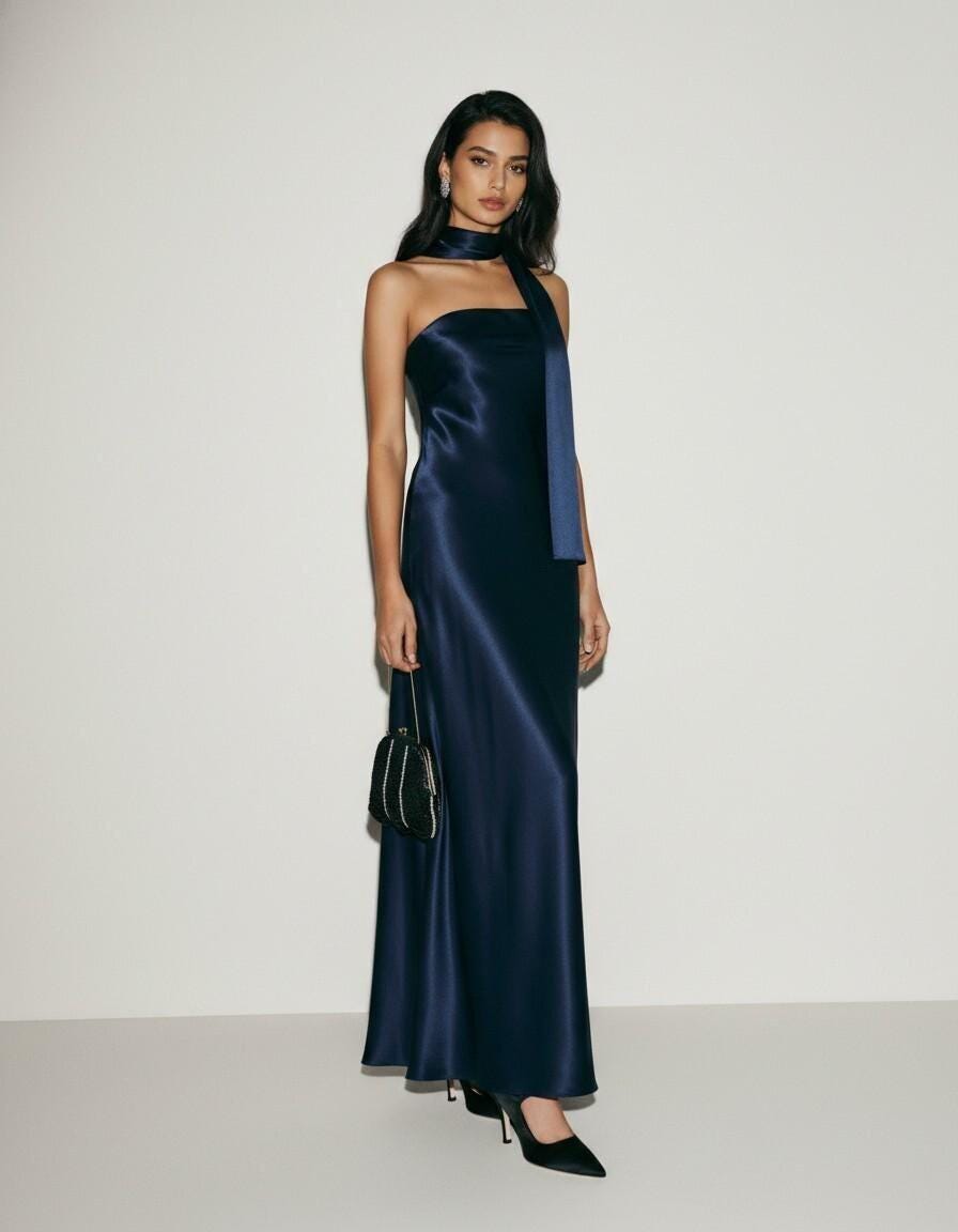 green emerald velvet dress Satin Modest Sheath Dress with Draped V-Neck and Tie-Back Scarf 2 main image 1