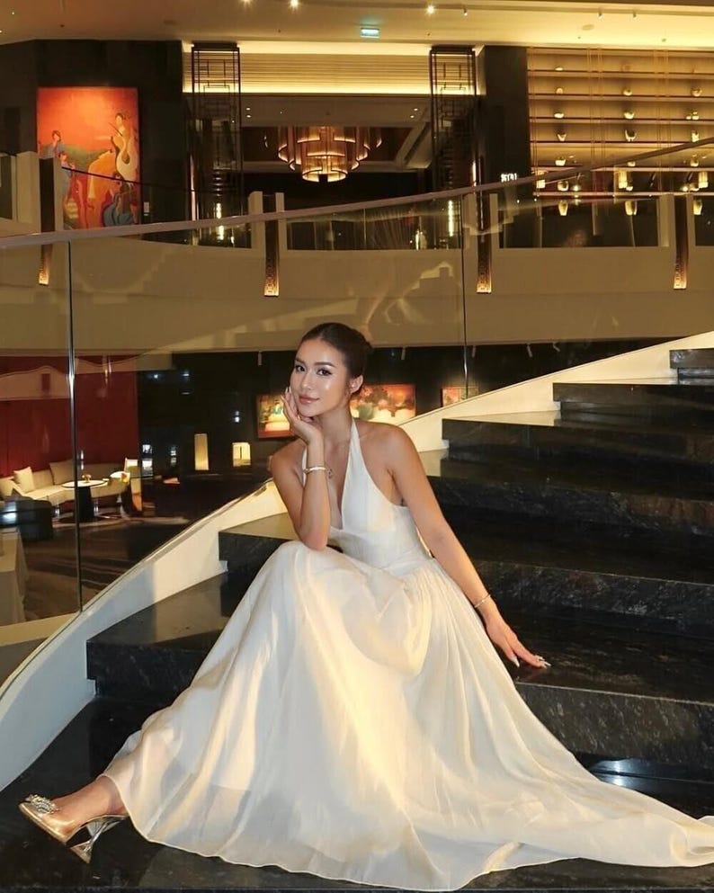 Ivory Halter Neck Maxi Dress, Elegant Bridal Gown, Backless Evening Dress, Wedding Reception Dress, Minimal Luxury Gown image 4