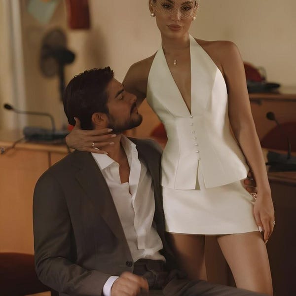 Ivory Halter Top and Mini Dress with Buttons, Modern Bridal Corset Dress, Chic Engagement Outfit, Fashion Bride Look