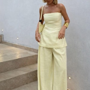 Ensemble minimaliste en lin, haut bandeau en lin et pantalon large, ensemble assorti en lin blanc, tenue d'été moderne en lin
