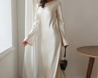 Silk Satin Maxi Dress, Long Sleeve Satin Dress, Minimalist Evening Dress, Elegant Wedding Guest Dress, Flared Sleeve Formal Gown