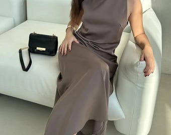 Silk Sleeveless Midi Dress - Elegant and Chic Brown Satin Dress for Women