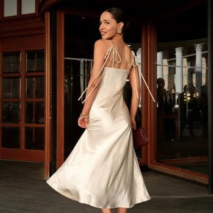 knee length dresses for ladies Lustrous Allure: White Satin Cowl Neck Maxi Dress — Miss Satin