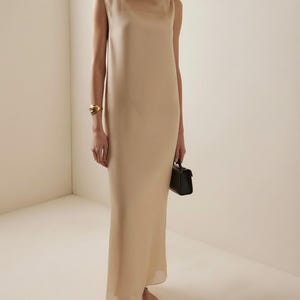 Minimal Sheer Chiffon Slip Dress with Soft Cowl Neck, Sleeveless Flowing Maxi Dress, Modern Bridal and Elegant Evening Style