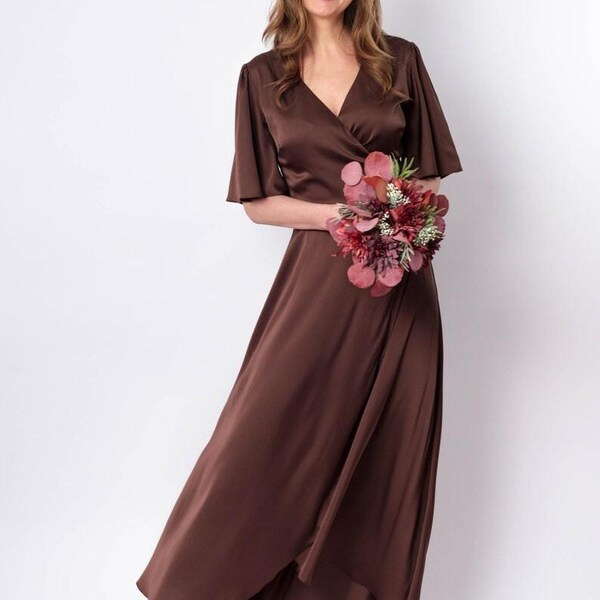 Brown Satin Solid Lace Up Dress