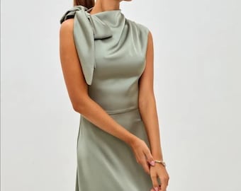Elegant Silk Dress With Bow Detail For Weddings And Formal Events, Bridesmaid Wedding Guess Dress