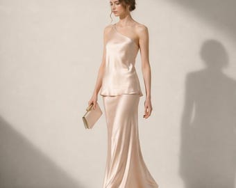 Silk Two Piece Set, One Shoulder Top and Bias Maxi Skirt, Open Back Elegant Set, Bridesmaid Outfit
