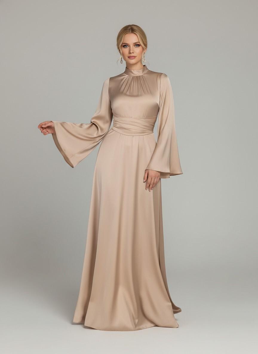 sachin and babi light blue dress Satin Champagne Dress Long Sleeve