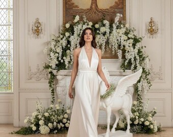 halter top a line wedding dress Satin Lace A-line Halter Illusion Neck Wedding Dress SW535