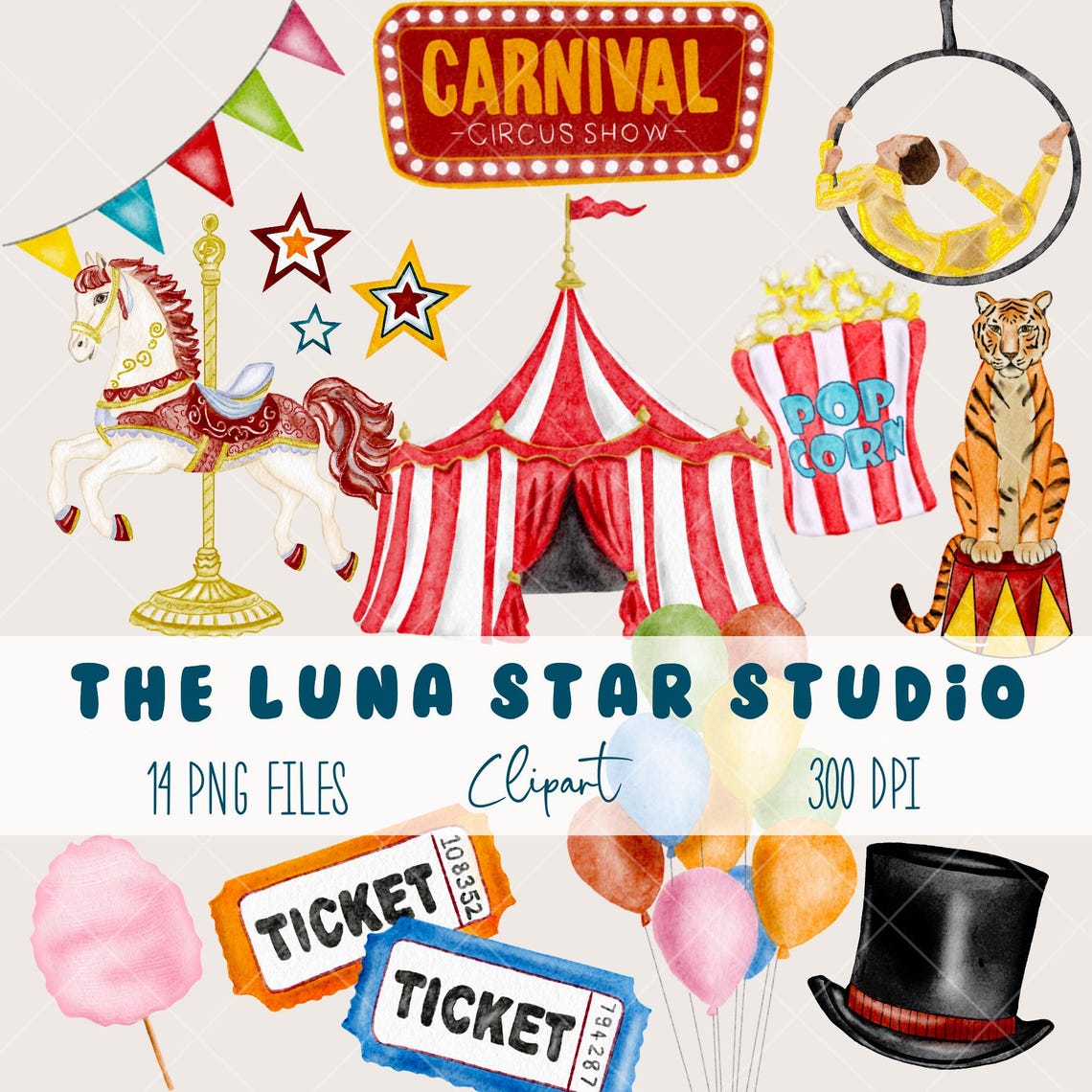 Watercolor Circus Clipart Bundle | Vintage Carnival PNG, Party Clipart ...