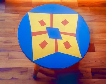 Hand Painted Round Accent Table, Geometric Design Side Table, Colorful Modern Furniture