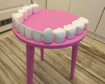 Handmade Pink Vampire Fang Coffee Table | Pop Art Teeth Furniture by Retired Dental Technician & Designer | Unique Gothic Home Decor