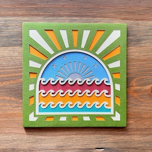 3D Mandala Beach Sunset Card: Layered Ocean Waves Art