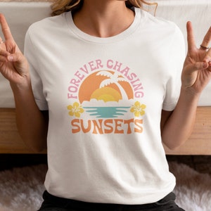 Forever Chasing Sunsets Unisex Jersey Short Sleeve Tee | Summertime Beach Coastal Vacation Beach Print Shirt