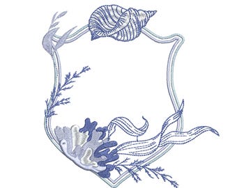 Seashell Algae Nautical Crest Frame Machine Embroidery Design, Digital Pattern zip file, 6 sizes