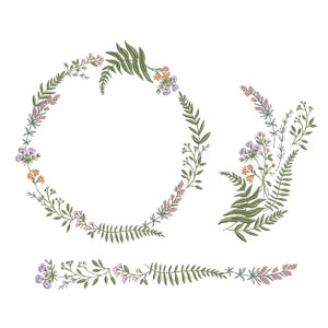 May include: A set of three floral embroidery designs featuring a wreath, a bouquet, and a garland. The designs are made up of green leaves, pink, orange, and purple flowers.