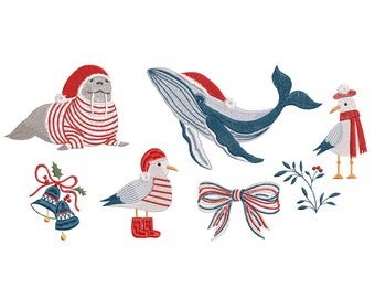 Marine Christmas Icons Machine Embroidery Design Bundle, Sea Nautical Winter Holiday Whale Digital ZIP File Pattern - 5 sizes