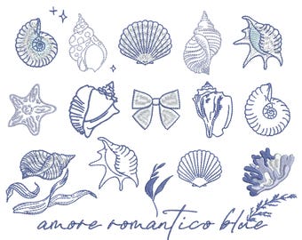 Marine Blue Sea shell Machine Embroidery Design Bundle, 25 elements, Patterns Instant Download ZIP, 8 sizes