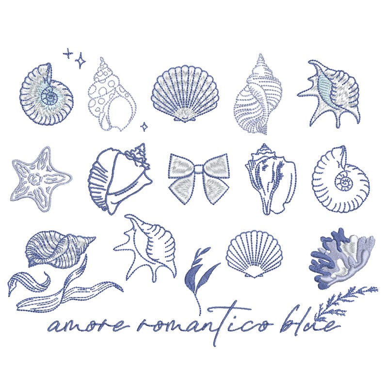 Emborded Shells Seashell Machine Embroidery Design Bundle: Marine Blue, 25 Elements ...