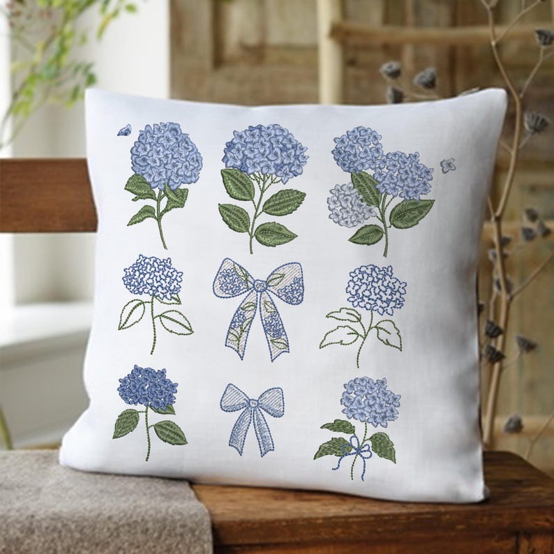 Hydrangea Bow Flower Machine Embroidery Design Bundle embroidered on cushion