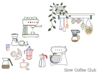 Coffee Club Machine Embroidery Design Bundle: Mini Kitchen Utensils (Digital file, 7 sizes)
