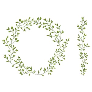 May include: A green leafy wreath with a single stem of leaves on the right side. The wreath is circular and the leaves are arranged in a natural, flowing pattern.