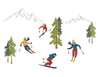 Skiing Mini Christmas Icons Machine Embroidery Design Bundle, Tiny Winter Holiday Digital ZIP File Pattern - 5 sizes