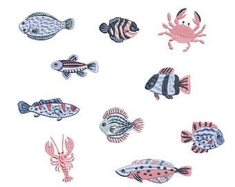 10 Tiny Fish Crab Lobster Machine Embroidery Design Elements, Mini Seashell Coastal Digital file, 7 sizes