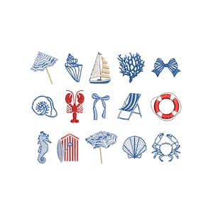 May include: Embroidered beach-themed designs featuring a sailboat, lobster, seashell, and life preserver. The designs are in blue, red, and white, ideal for summer crafts and projects. Includes a deckchair and a crab.