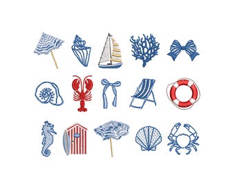 May include: Embroidered beach-themed designs featuring a sailboat, lobster, seashell, and life preserver. The designs are in blue, red, and white, ideal for summer crafts and projects. Includes a deckchair and a crab.