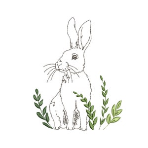 May include: Line art illustration of a white rabbit sitting in a patch of green foliage. The rabbit is looking to the right and has long ears.