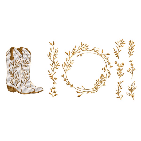 Cowgirl Boots Machine Embroidery Design: Floral Wreath, Meadow Elements (Digital zip file)